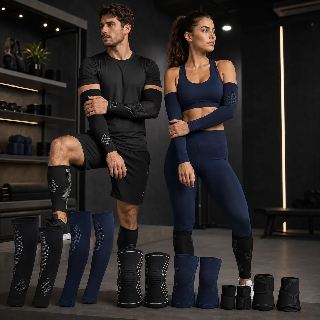 Male and female athletes wearing black and navy compression arm and calf sleeves, with additional compression sleeves, knee supports, and wrist accessories displayed in a modern training studio.